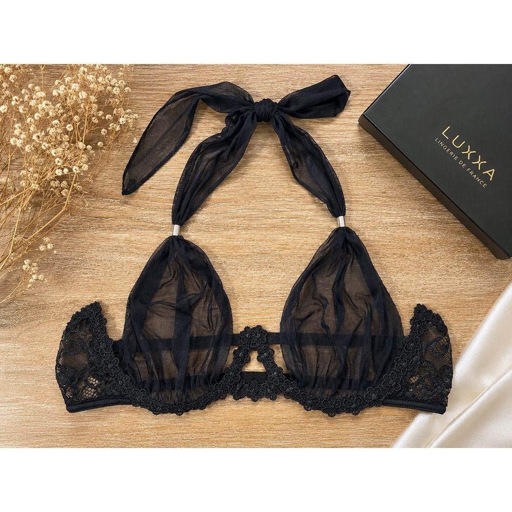Luxxa Lingerie de France Black Sheer Mesh Lace Halter Bra Size M Made in France